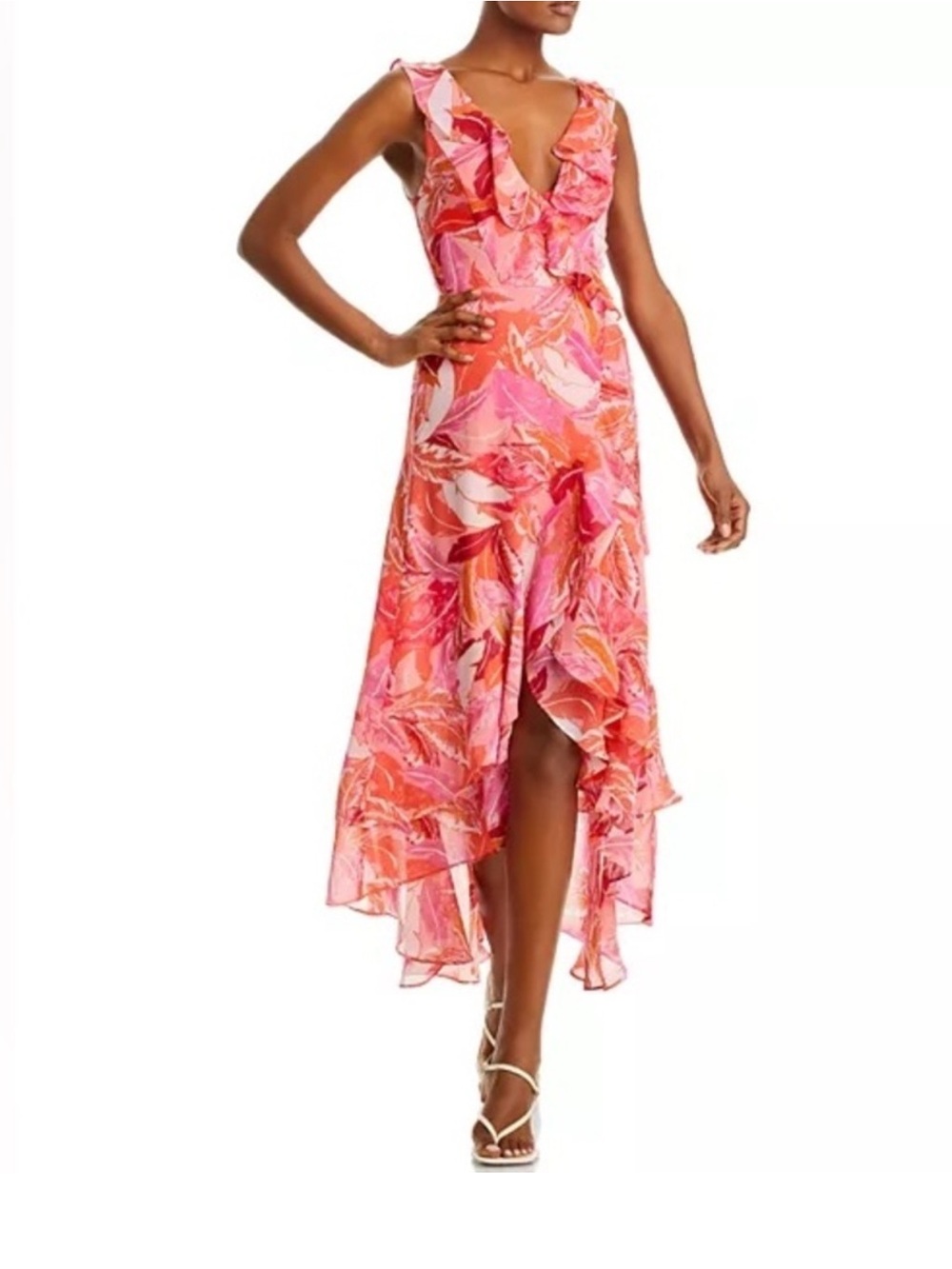 EUC  AQUA Botanical Print High/Low Wrap Dress.
